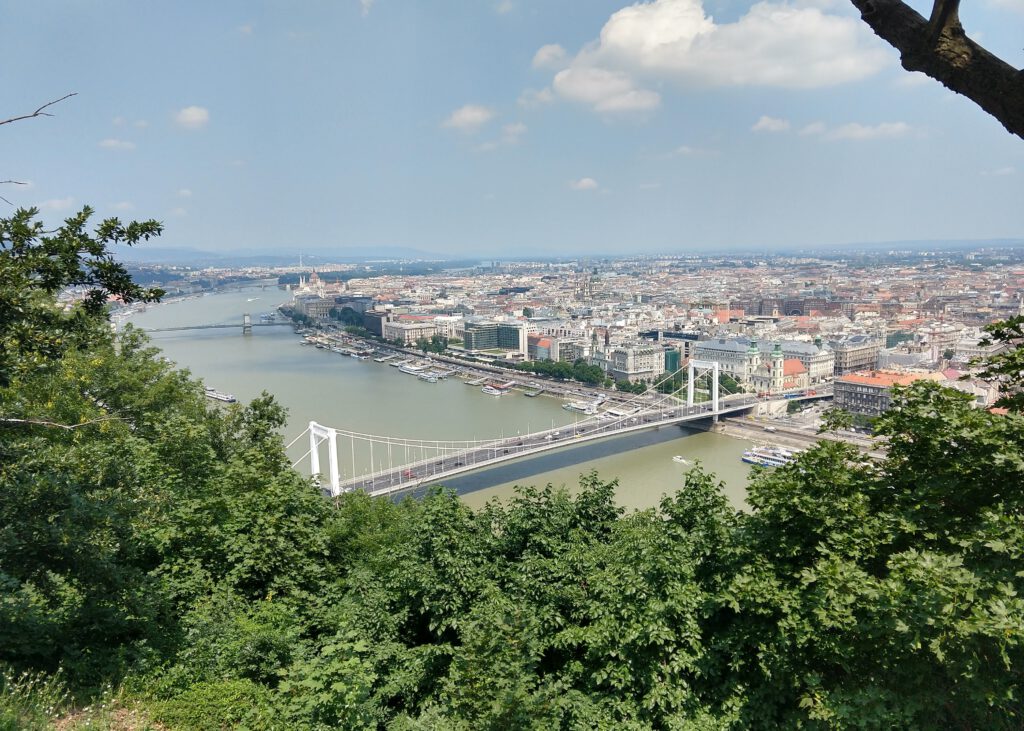 The River Danube: greenery in the foreground, a river crossed by a suspension bridge, urban development on the far bank.