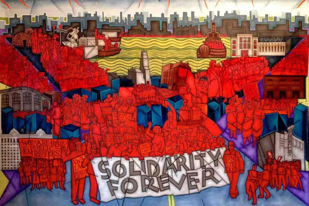 Artistic cityscape showing protestors occupying the streets with a huge 'SOLIDARITY FOREVER' banner. Protestors are shown in red against more muted blues, greys and browns for the buildings and streets. In the background there is a harbour with yellow waters, and beyond that brown grey high-rise buildings.